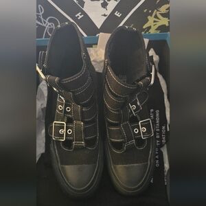 John Fluevog Black Ankle Boots with Buckle Straps